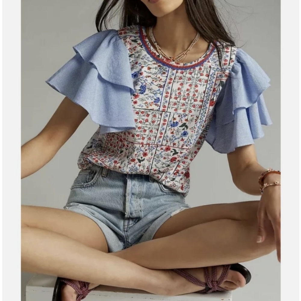 Let Me Be Floral Chambray Ruffle Flutter Sleeve Tee - Anthropologie